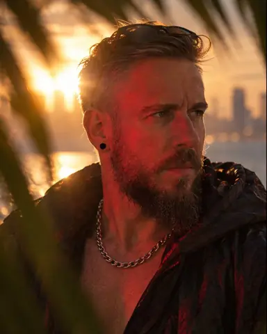 Three-quarter view of a bearded man at sunset, red light on one cheek, blurred palm fronds across the edges