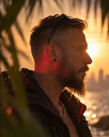 Three-quarter view of a bearded man at sunset, red light on one cheek, blurred palm fronds across the edges