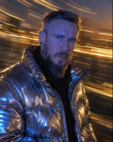 Half-length bearded man frozen in cobalt flash at dusk, golden arcs of city lights swirling behind him