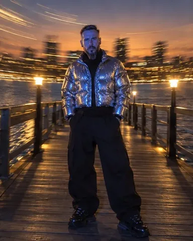 Half-length bearded man frozen in cobalt flash at dusk, golden arcs of city lights swirling behind him