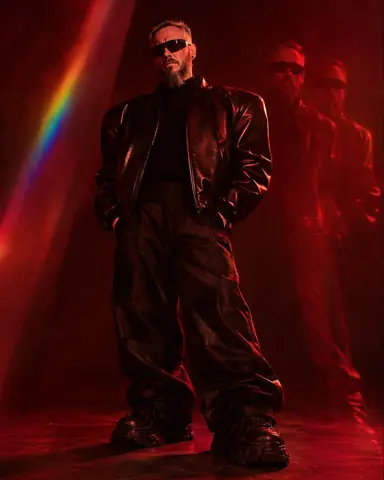 Full-length bearded man in a giant-shouldered black leather bomber, two translucent red prism copies shifted to the right