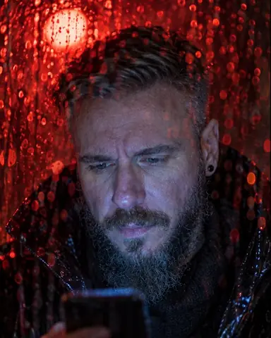 A bearded man behind a rain-streaked window at night, his face lit blue by a phone, red drops glowing all around