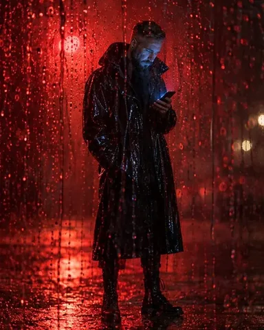 A bearded man behind a rain-streaked window at night, his face lit blue by a phone, red drops glowing all around