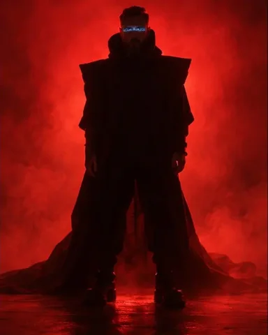 Full-length bearded man as a monumental black silhouette with wing-like shoulders against glowing red smoke
