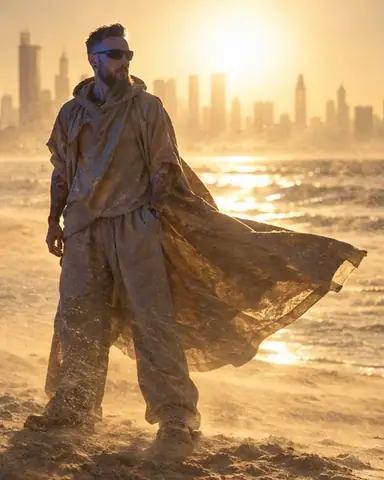 Full-length bearded man in a flying sand-colored cape inside a cloud of glowing backlit sand on a beach
