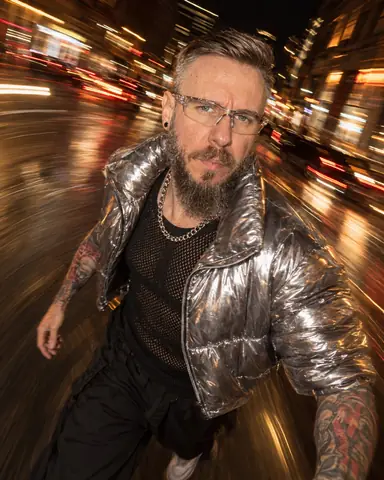 A bearded man in a silver puffer spins toward the camera, face frozen sharp, amber light trails sweeping right