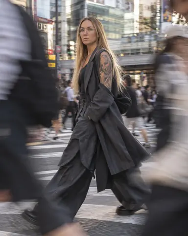 Through blurred passers-by, a woman with long blond hair in clear glasses and a pinstripe long jacket crosses the street