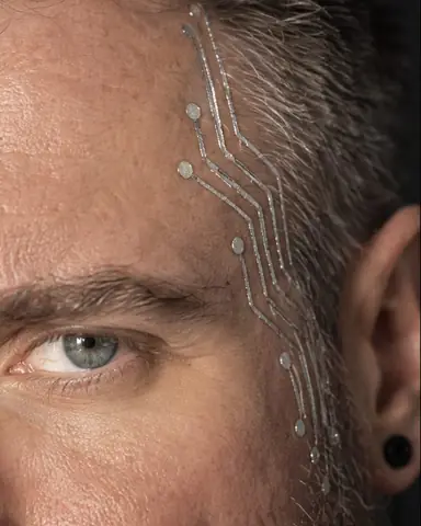 Extreme close-up of a man's temple and eye, fine silver circuit traces running along the hairline, the eye sharp