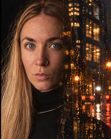 A woman with long blond hair, half her face lit and clean, the shadow half filled with amber window grids and lamp discs