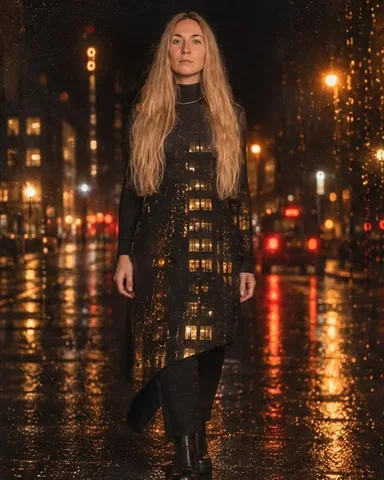 A woman with long blond hair, half her face lit and clean, the shadow half filled with amber window grids and lamp discs