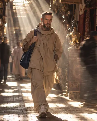 A bearded man in a sand-colored parka walks through three diagonal sunbeams in a souk, light striping his body