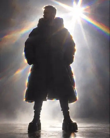Full-length bearded man in a black cocoon puffer, his silhouette outlined in rainbow, a spectral star above his shoulder