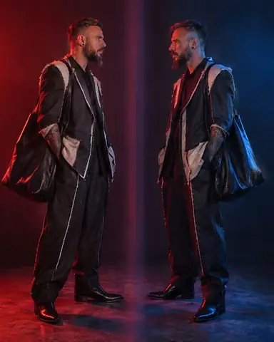 Full-length bearded man as twins, a red version on the left facing a blue version on the right across a soft seam