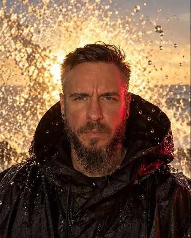 A bearded man in a black hooded windbreaker as a wave explodes behind him, golden droplets frozen around the hood