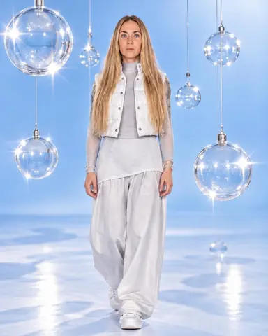 A woman with long blond hair stands centered on a blue-to-white cyclorama among hanging glass spheres with star glints