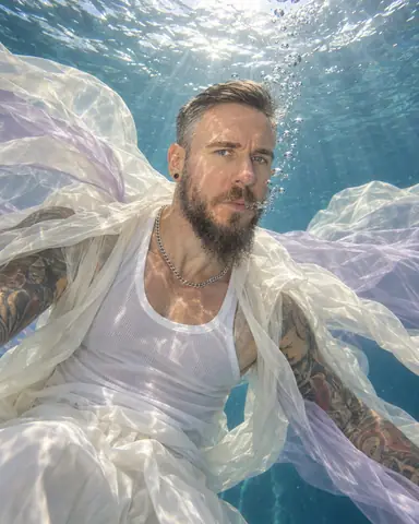 Waist-up underwater view of a calm bearded man, a thin stream of bubbles rising from his lips, caustics on his cheek