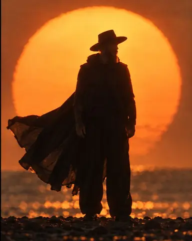 Full-length silhouette of a man inside a giant orange sun disc, his long cape lifting in the wind