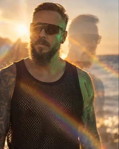 Half-length bearded man on a beach with the sun behind his shoulder, a rainbow flare crossing and a prism copy