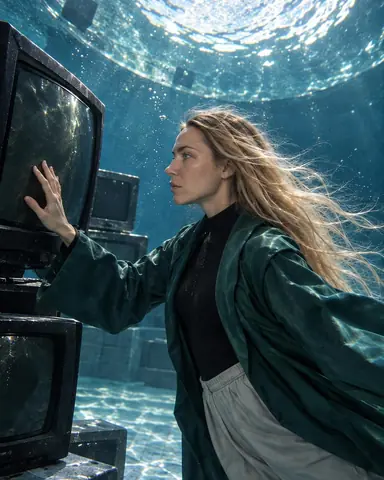 A woman with long blond hair drifts beside stacked dark TV sets underwater, reaching to a screen, jade coat floating back