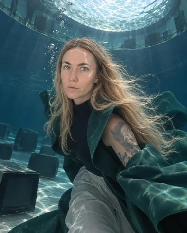 A woman with long blond hair in a green coat and gray pants faces the camera underwater, bubbles rising, TV sets scattered behind her.