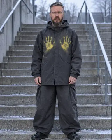 A bearded man stands on concrete stairs in a graphite coat marked with two acid-yellow handprints on the chest