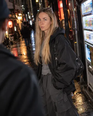 A woman with long blond hair by a glowing vending machine, clear glasses pushed up, a passer-by blurred in the foreground
