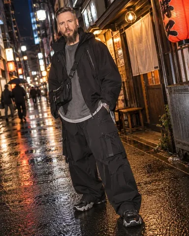 A bearded man with light brown hair stands by a vending machine on a wet street, hands in pockets, blurred passerby in front.