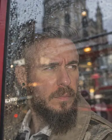 A bearded man's face behind a rain-covered bus window, London street reflections layered over his features