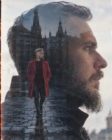 A giant dark profile of a bearded man, a small full figure in a red coat walking inside the head