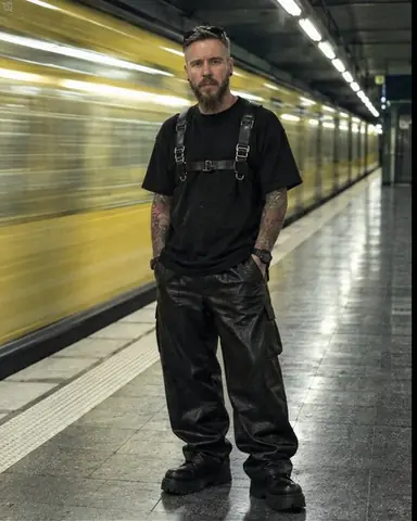 A man in all black stands at the edge of a Berlin U-Bahn platform as the train smears into a blurred wall behind
