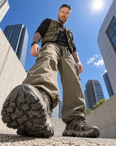 Worm's-eye view of a bearded man standing over the camera, one huge sneaker sole near the lens, buildings converging