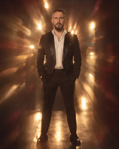 A man in a black tuxedo stands as his full figure dissolves into smeared light toward the frame edges