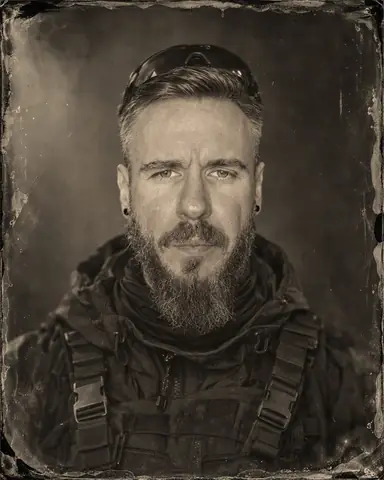Tintype head-and-shoulders of a bearded man with a heavy direct gaze, poured chemical edges around the plate