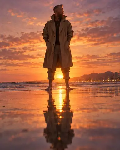Full-length bearded man on glossy wet sand at sunset, his mirror image reflected upside down below him