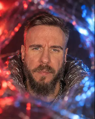 Head and shoulders of a bearded man sharp in a clear center, red and blue light smeared all around the edges