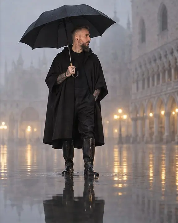 A man with an open black umbrella on a flooded square, the still water doubling him and the umbrella
