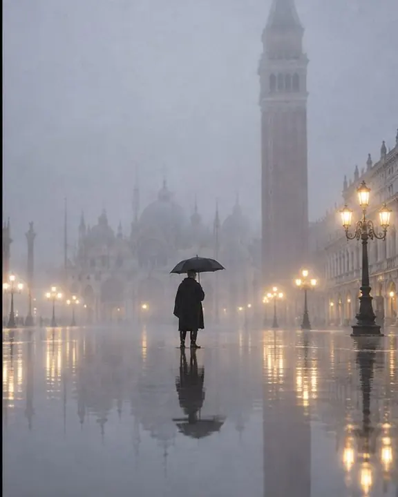 Wide shot of a small figure in a flooded Venice square with stone arcades fading into pearl-grey fog