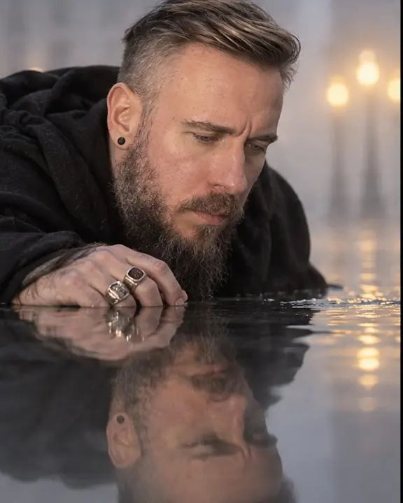 Close-up of a bearded man's face and its upside-down reflection in glassy floodwater at dawn