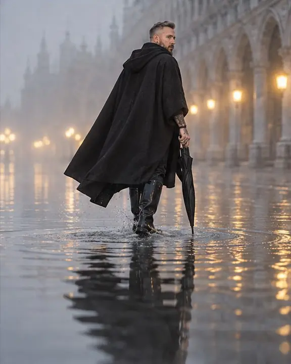 A man walks through floodwater with his black cape trailing, ripples breaking the mirror reflection
