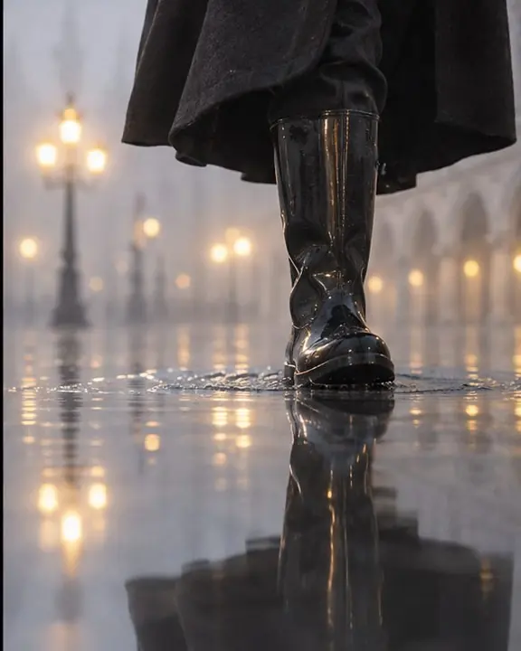A black rubber thigh-high wader boot standing in still water with its clean reflection beneath