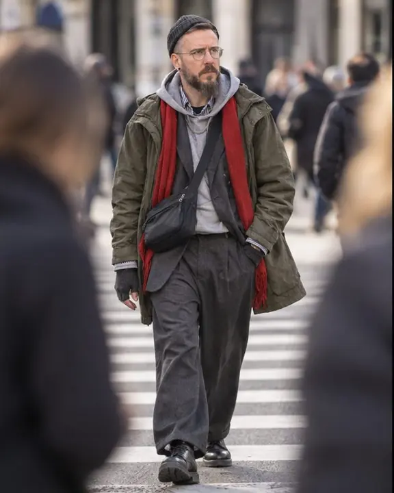 A bearded man in a layered olive parka strides across a crosswalk between two blurred pedestrians in the foreground