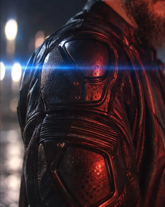 Detail of armor pads on a black leather sleeve with a blue anamorphic streak passing across it
