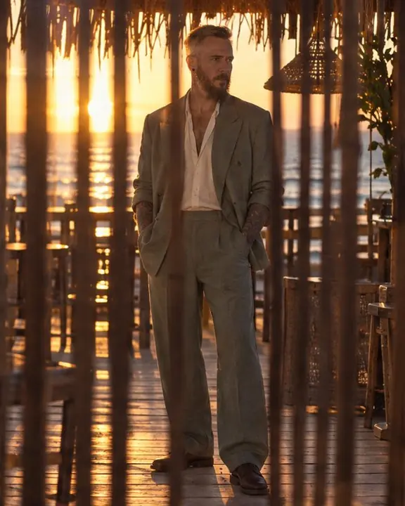 Full-length man in a faded sage suit behind a bamboo screen, striped by bands of sunset light