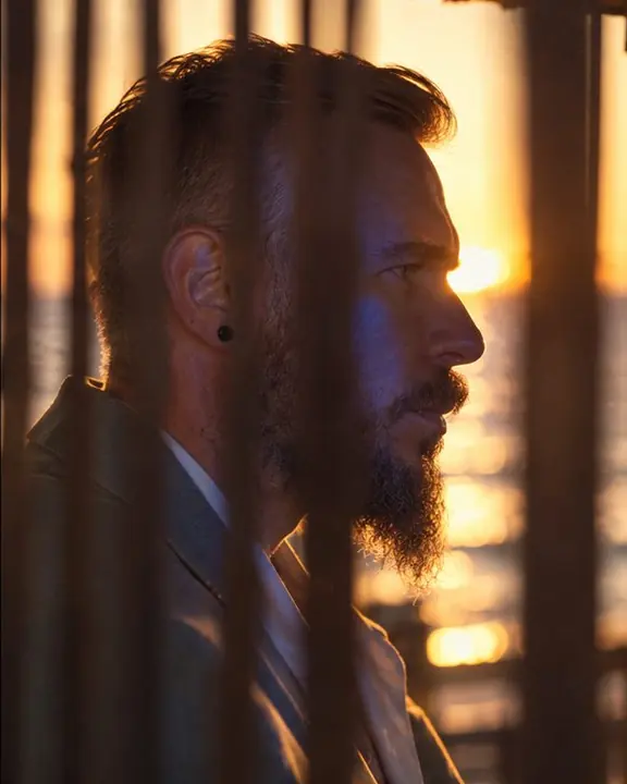 Profile of a bearded man cut into stripes by bands of golden light and shadow through bamboo