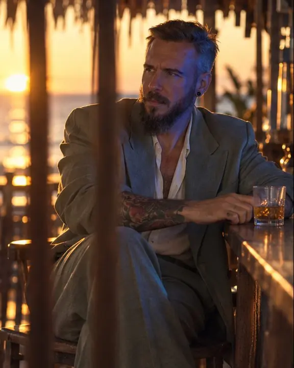 A man in a sage double-breasted suit sitting at a beach bar, the sea and setting sun behind him