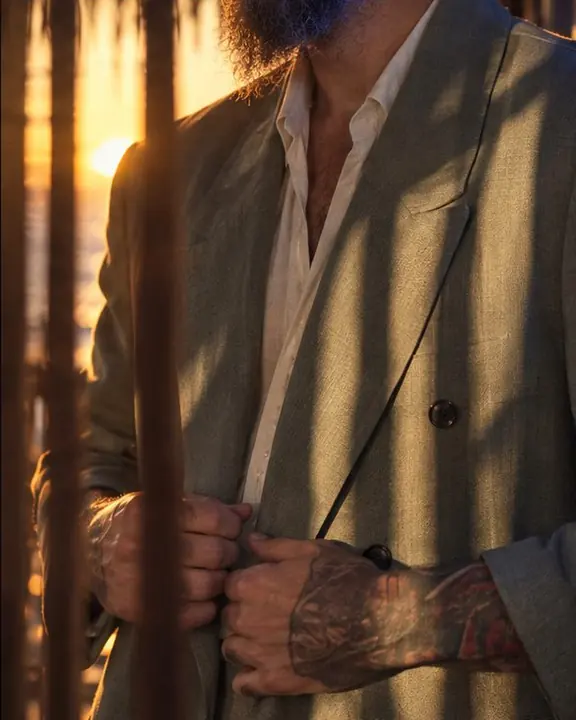 Detail of a faded sage suit lapel striped with bands of golden sunset light and soft shadow
