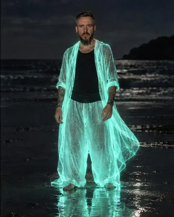 A man in a glowing cyan-green gauze coat stands on wet sand at night, his reflection shining on the beach