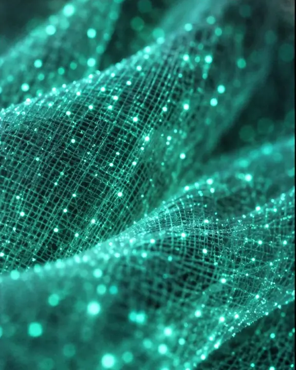 Macro of translucent fabric fibers sparkling with tiny points of living blue-green light on black
