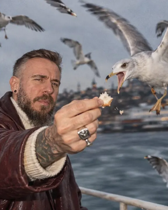 A man holds out a piece of bread as seagulls hang frozen in midair around his hand on a ferry deck