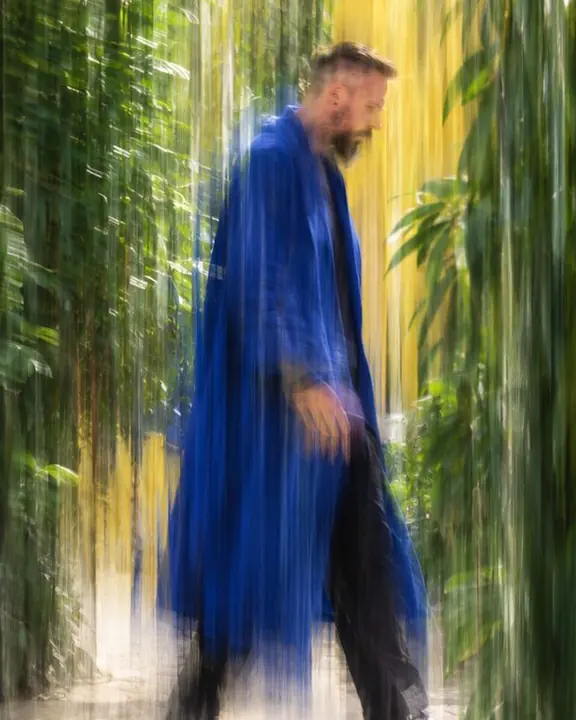 A man walking among green plants, everything stretched into vertical green and blue painterly strokes